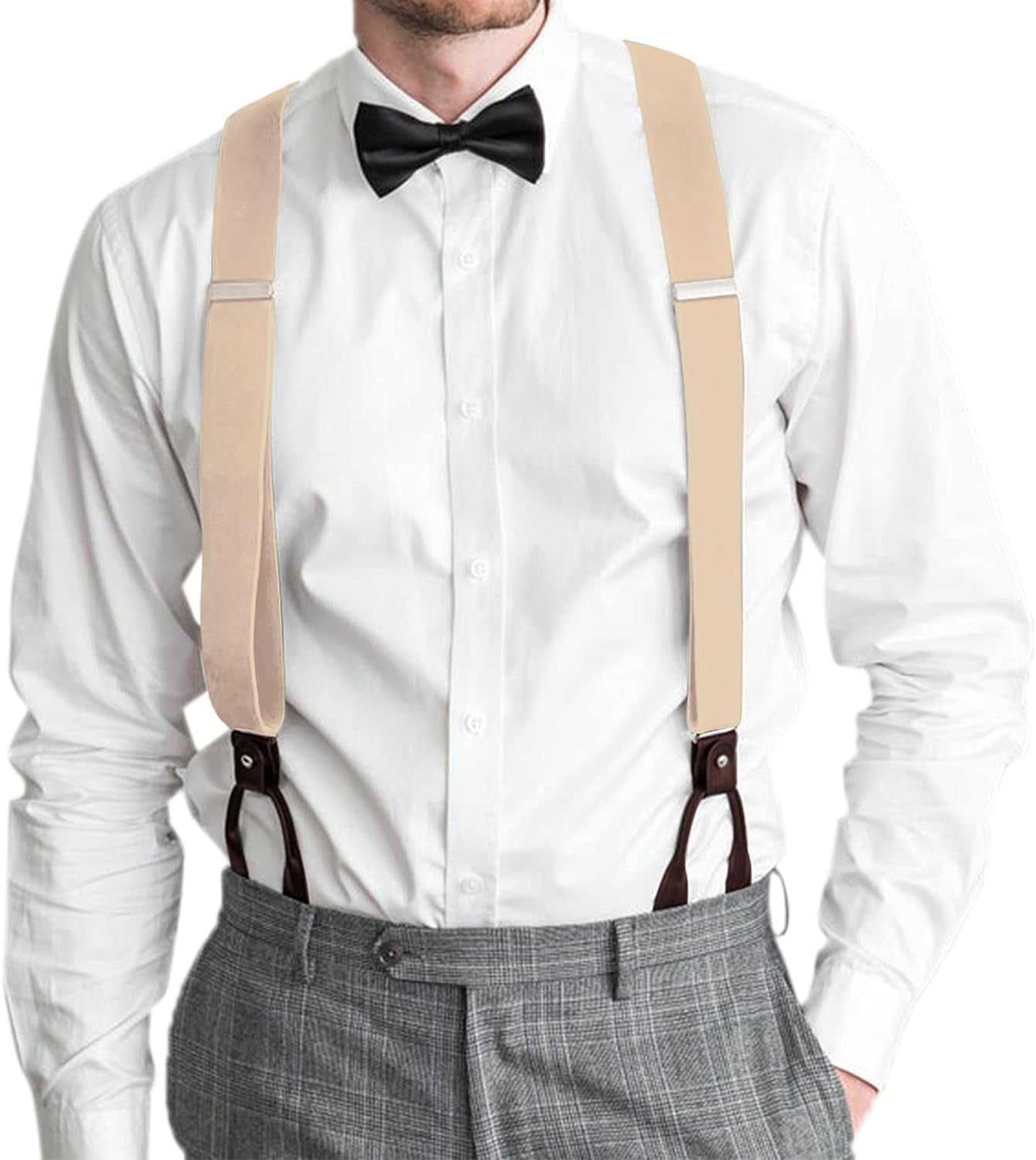 Mens Brown Button End Suspenders - Adjustable Elastic Y Shape Tuxedo Suspender